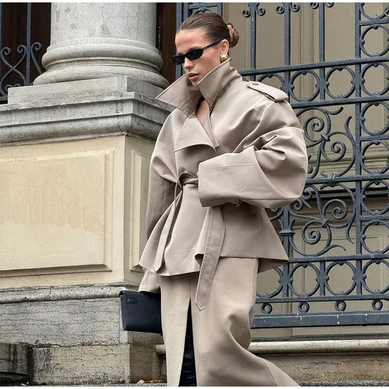 Solid Laepl Lace Up Trench Coat Women Fashion Full Sleeve Waist Cinching Short Windbreak 2025 New Autumn office commute outwear