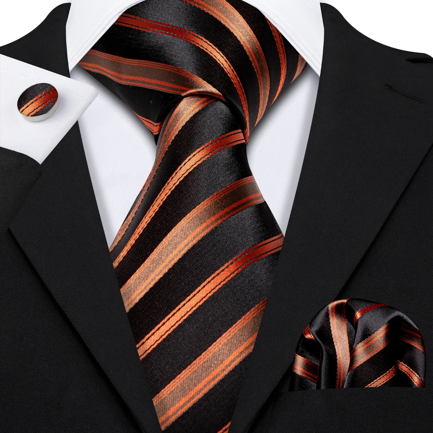 Barry.Wang Orange Brown Silk Mens Tie Hanky Cufflinks Set Gold Coffee Jacquard Designer Necktie For Male Wedding Business Party