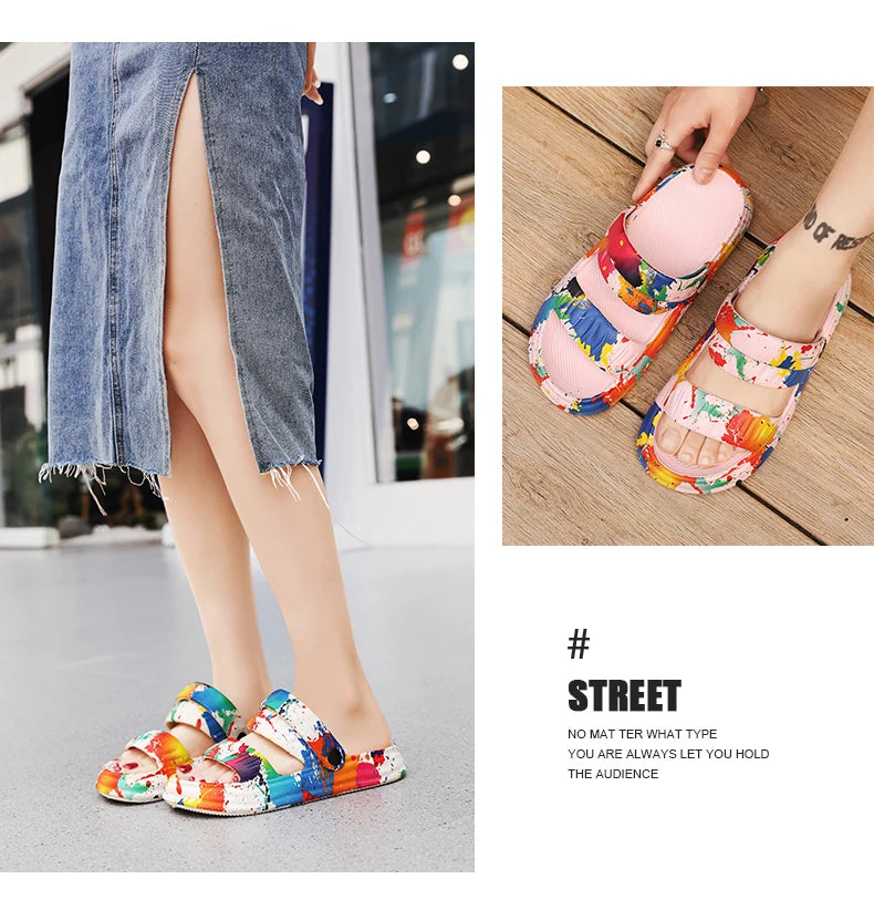 2024 New Thick-soled EVA Cave Shoes Women's Summer Wear Non-slip Beach Soft-soled Semi-Slippers Fashion Printed Sandals