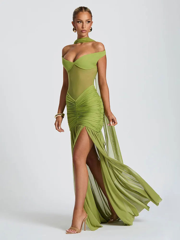 GACVGA Mesh Patchwork Sexy Bodycon Maxi Dress Women Draped Gown Summer Halter Backless Ruched High Split Club Party Long Dress