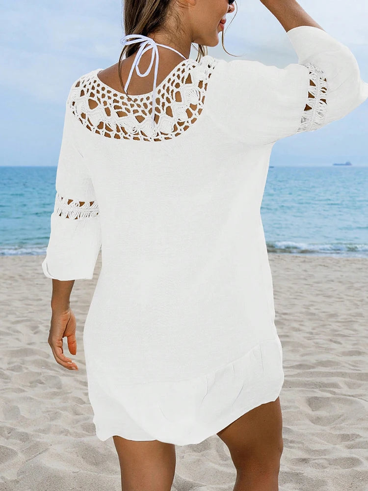 Sexy Hollow Out Beach Dress Women Hand Hook Stitching Crochet Swimsuit Cover Up Vestidos Female Bathing Suit Cover-Up Mini Dress