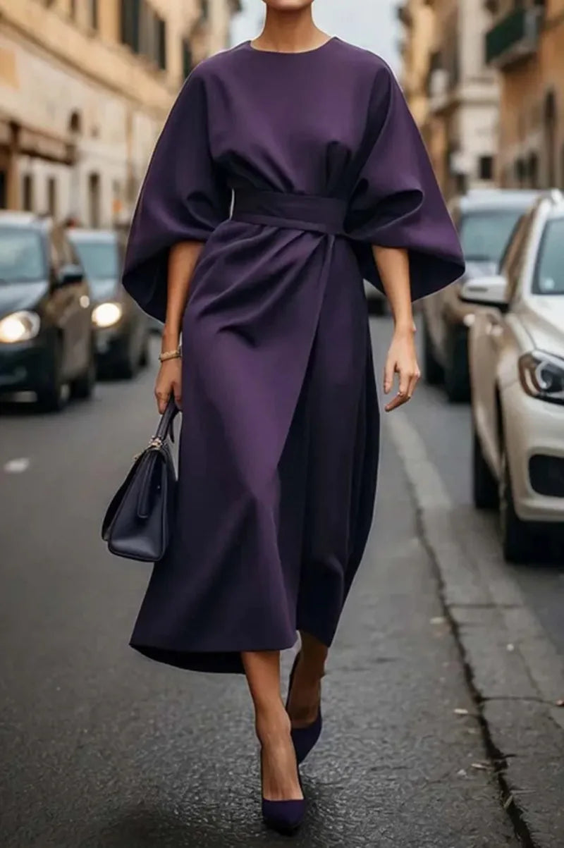 2025 Women's Fashion Temperament Elegant Solid Color Waist Dress Casual Bat Sleeve Long Skirt Vestidos De Mujer