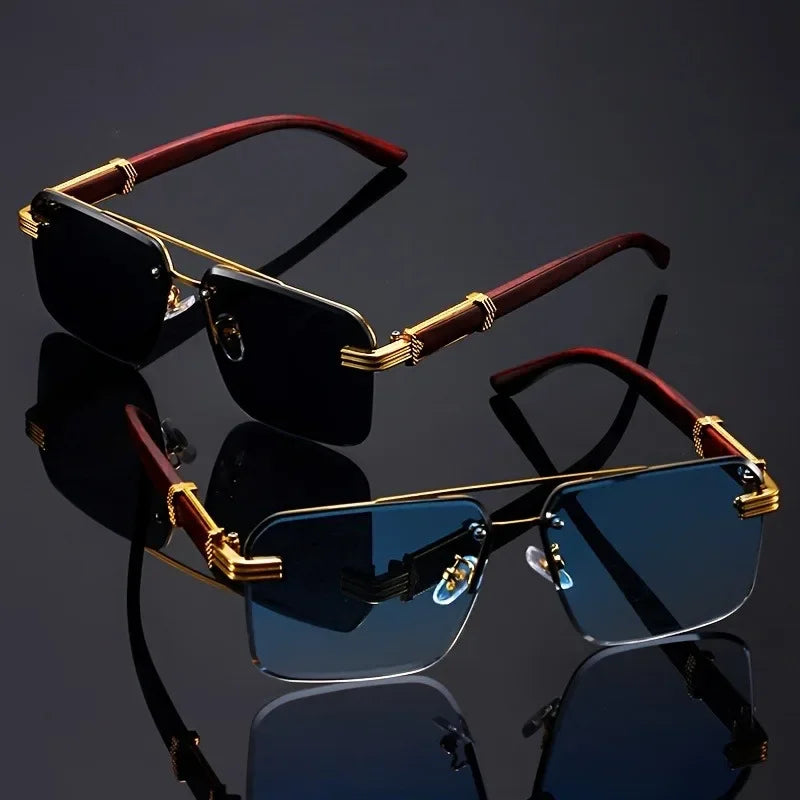 Women's Frameless Double Beam Fashion Sunglasses Golden Border Wood Grain Bracket for Male and Female Drivers Black Eyeglasses