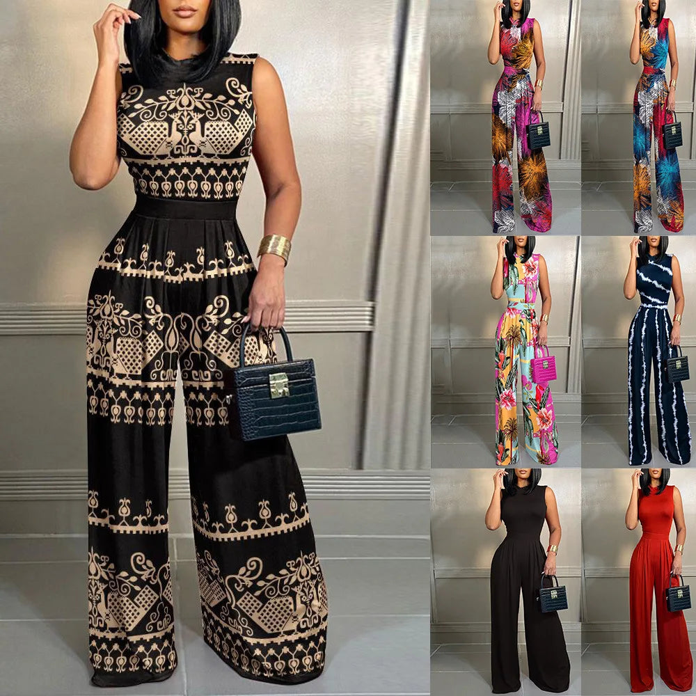 Elegant Women's Wide-leg Long Jumpsuit Spring And Summer Fashion Printed Sleeveless Casual Mid-waist Straight Jumpsuit Trousers