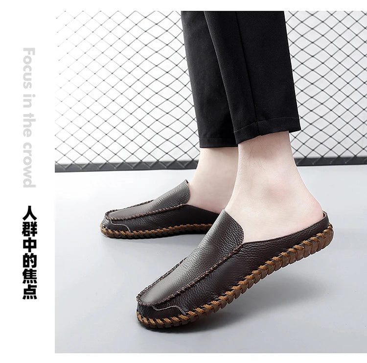Plus Size 38-48 Handmade Mules Mens Backless Loafers Slippers Half Shoes For Men Slide Closed Toe Sandals Semi-Drag Casual Shoes