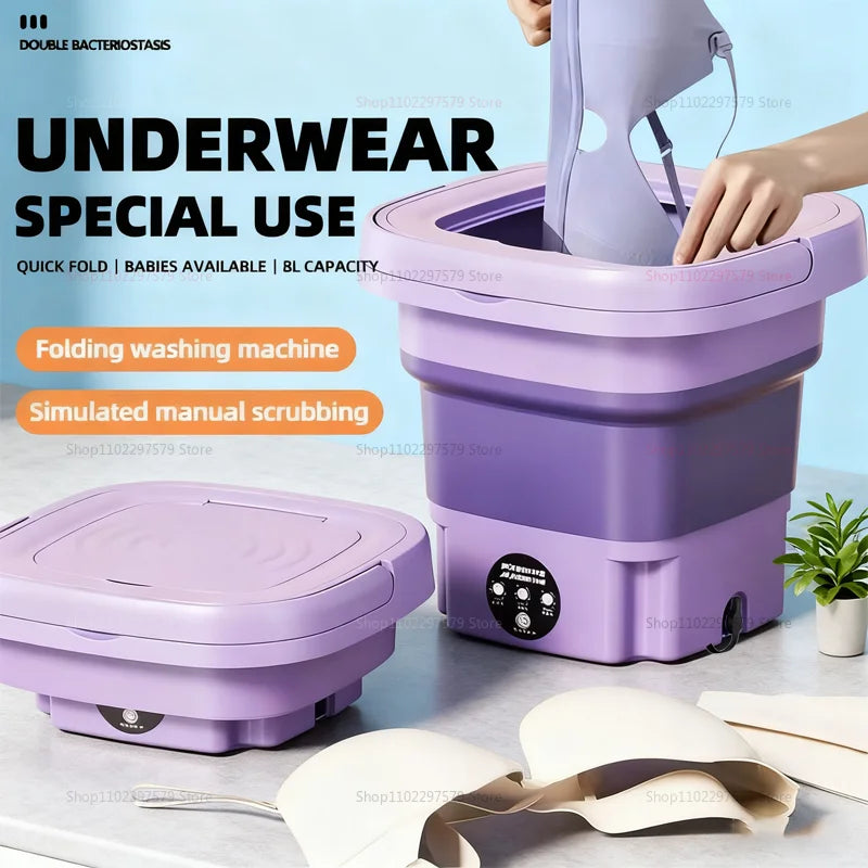 8L Portable Foldable Washing Machine With Drain Hose Full Automatic Mini Laundry Machine For Socks Underwear Travel Camping Dorm