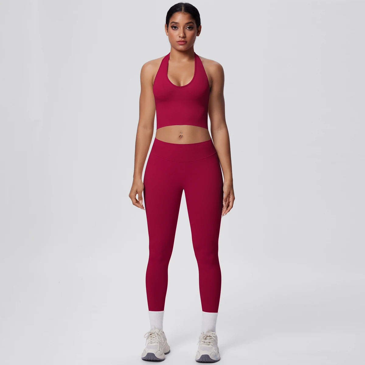 Solid Color Backless Breathable 2pieces Set for Woman High Strength Training Yoga Set Hanging Neck Bra Gym Push Up Fitness Pants