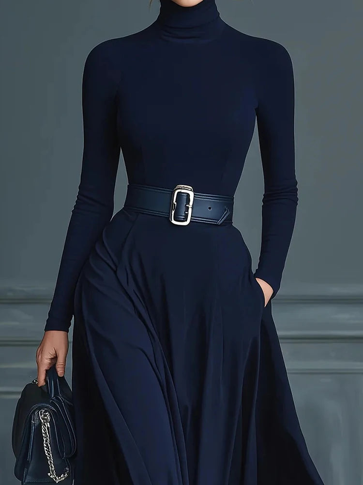 Spring Autumn Women Solid Color Turtleneck Maxi Dress, Holiday Long Sleeve Casual Party Dress, New Patchwork Simple Ladies Dress