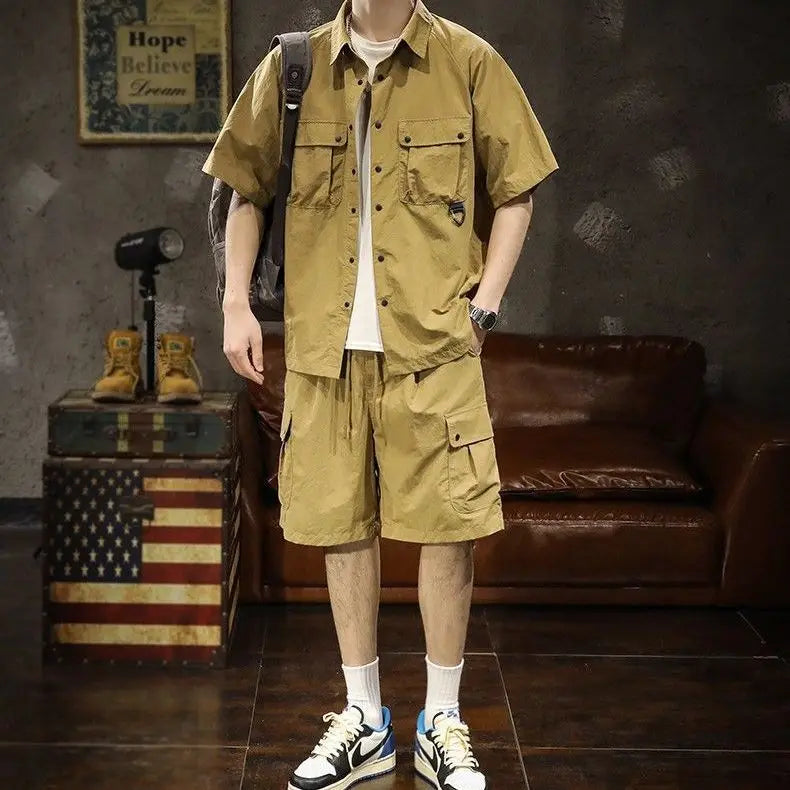 Trendy Cargo Summer Clothes Set Men Short Sleeve Shirt with Pockets And Shorts Solid Casual Safari Outdoor Outfits