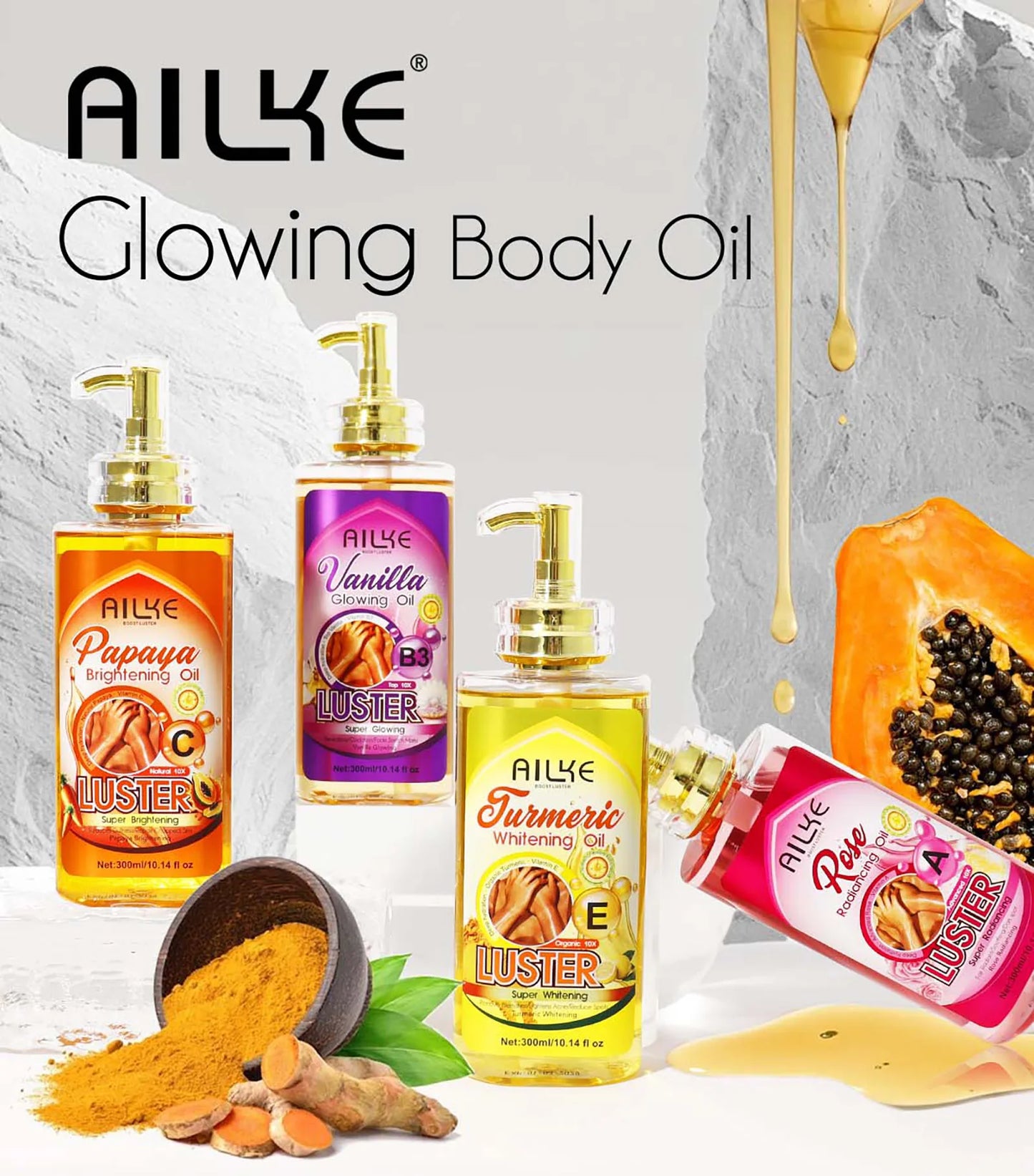 AILKE Whitening Body Oil, Moisturizing, Nourishing, Glowing, Brighten, Smooth Skin, Reduce Dark Spots, For All Skin Types, 300ml