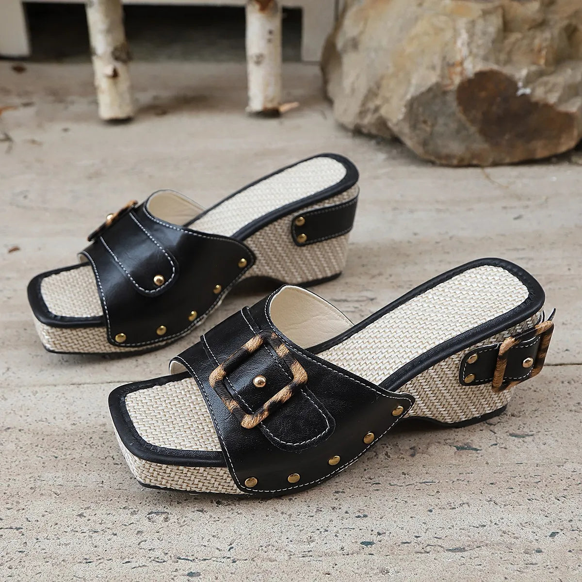 2025 Summer Fashion Sandals Thick Soled Interior Height Increasing Color Blocked Slope Heel Large 43 Women's Shoes Mules