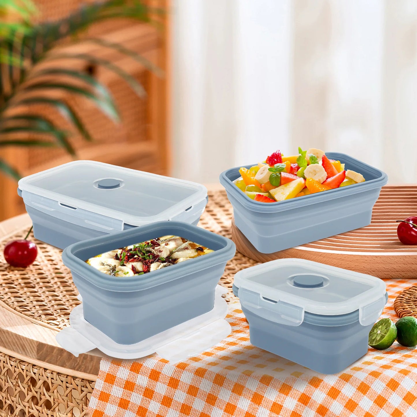 4Pcs Silicone Food Storage Container Temperature Resistant Lunch Meal Prep Container Microwave Safe Food Box Collapsible