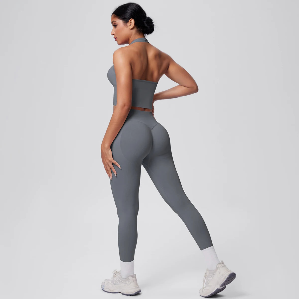 Solid Color Backless Breathable 2pieces Set for Woman High Strength Training Yoga Set Hanging Neck Bra Gym Push Up Fitness Pants