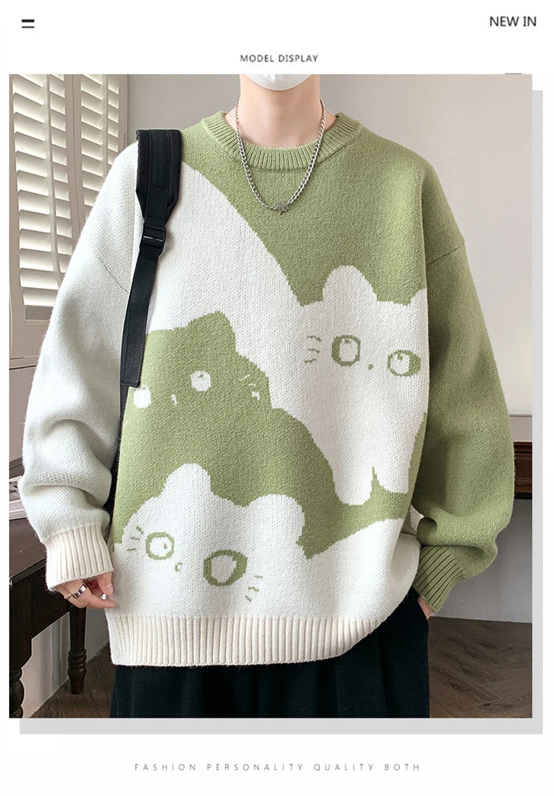 Winter Men's Anime Cat Jacquard Crewneck Knitted Sweaters Hip Hop Fashion Graphic Printed Y2K Jumpers Streetwear Knit Pullovers