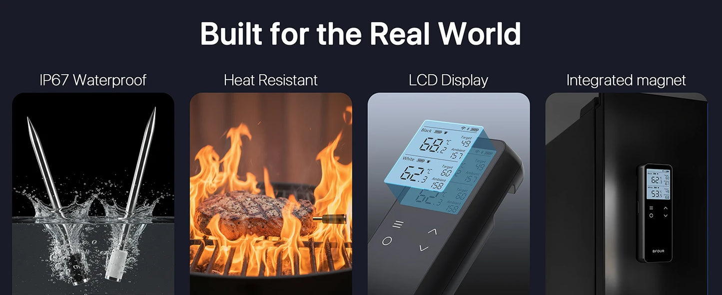 Meat Thermometer Wireless Bluetooth Probe with WiFi Unlimited Range Support APP Alarm Reminder for BBQ, Oven, Air Fryer