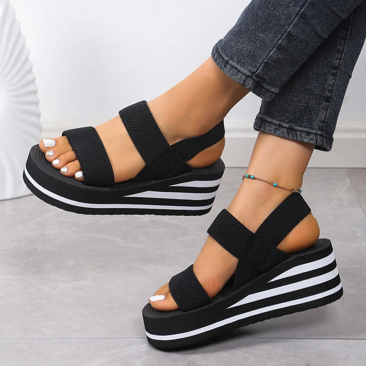 Women's Light Weight Wedge Sandals Open Toe Platform Thick Soled Summer Casual Slingback Shoes with Back Strap Leisure Footwear
