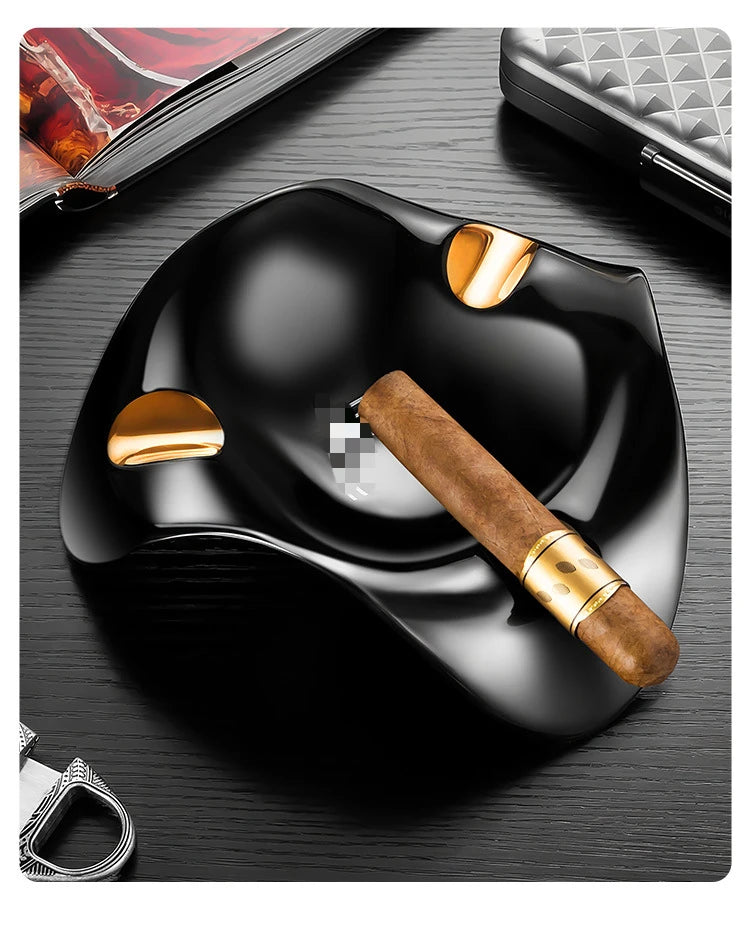 Triangular Ceramic Cigar Ashtray, Wave Design Multi-Caliber Smoke Groove