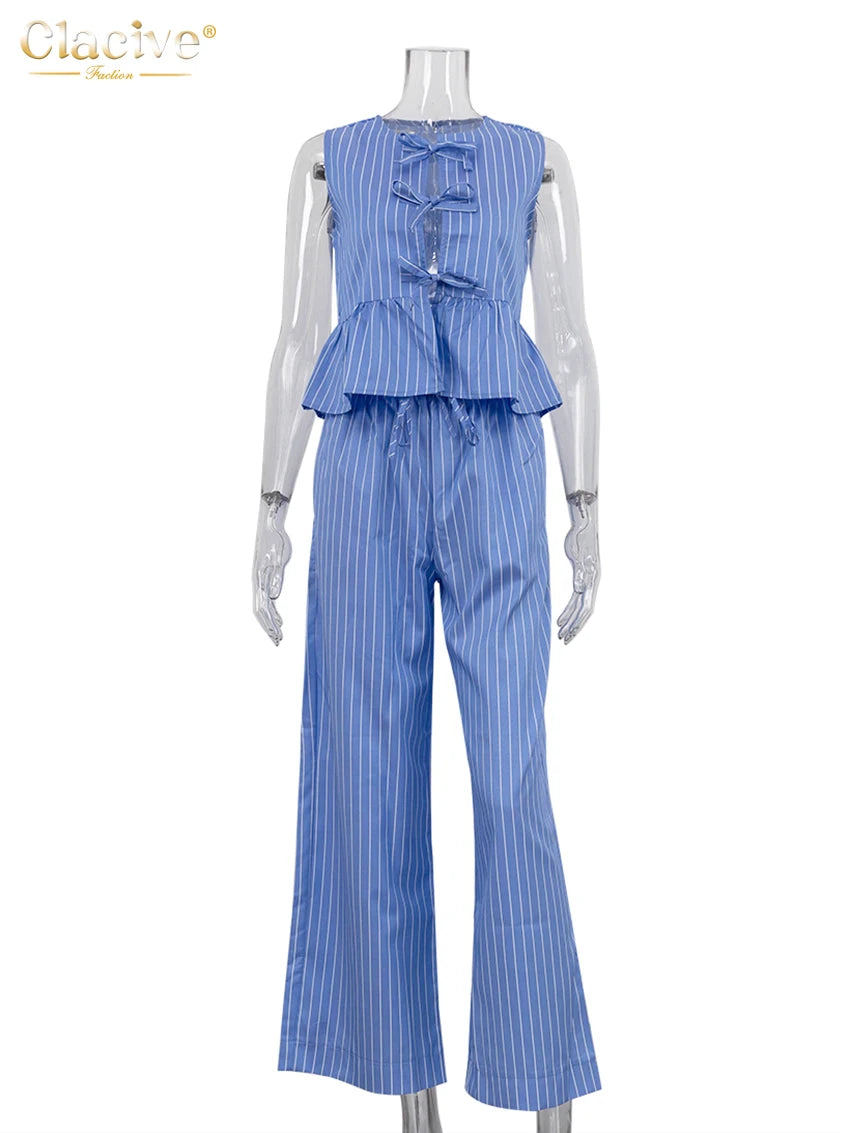 Clacive Summer Loose Blue Stripe 2 Piece Set Woman Outfit 2025 Fashion Sleeveless Tank Top With High Waist Wide Pants Set Female