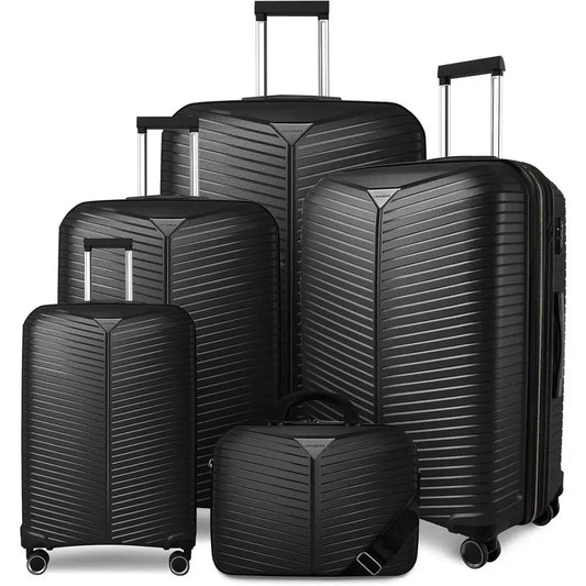 Expandable 5-Piece Spinner Suitcase Set, Durable Carry-On Luggage for Men and Women, Black