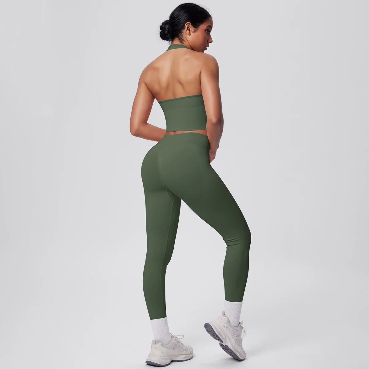Solid Color Backless Breathable 2pieces Set for Woman High Strength Training Yoga Set Hanging Neck Bra Gym Push Up Fitness Pants