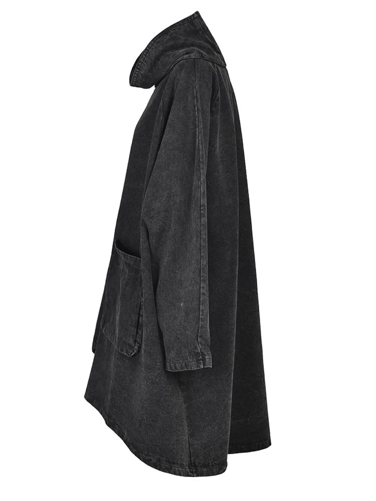 [EAM] Loose Fit Black Denim Big Size Sweatshirt New High Collar Long Sleeve Women Big Size Fashion Spring Autumn 2026 1K166