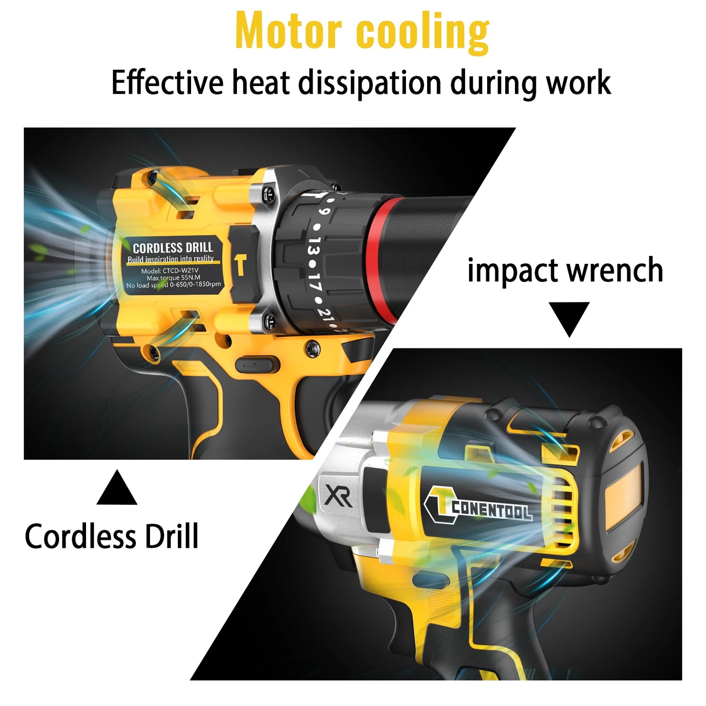 CONENTOOL 420N.m Brushless Electric Impact Wrench Screwdriver Power Tool Combination Drill Driver Set with LED Light 2pc Battery