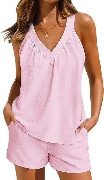 New Summer Women's 2-piece Set Pink V-neck Vest Elastic Pocket White Stylish Black Shorts Set