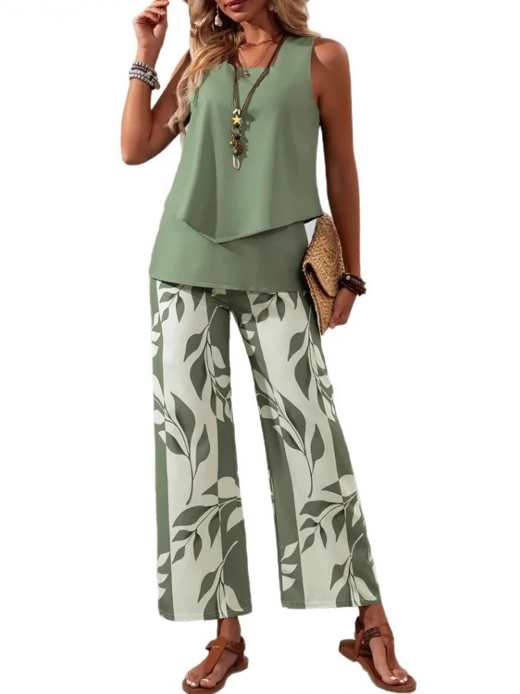 2 Piece Women Set Summer Autumn Sleeveless Shirt Blouse Top And Pants Suits Outfits Fashion Office Lady Matching Sets Outfit