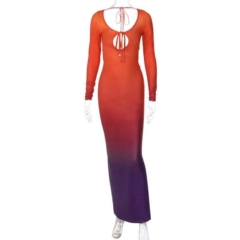 Sexy Front Chest Hollow Out Gradient Slim Bodycon Maxi Dress Women Cross Strap Backless Skinny Evening Dress Club Party Vestidos