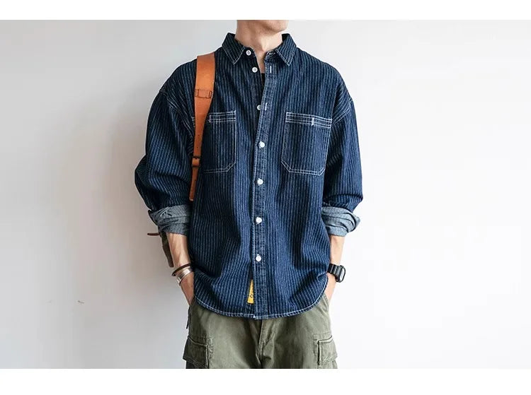 Retro Striped Loose Fit Long Sve Collared Men's Denim irt Spring Faion Workwear Jaet Youthful Wear Resistant Chinese...