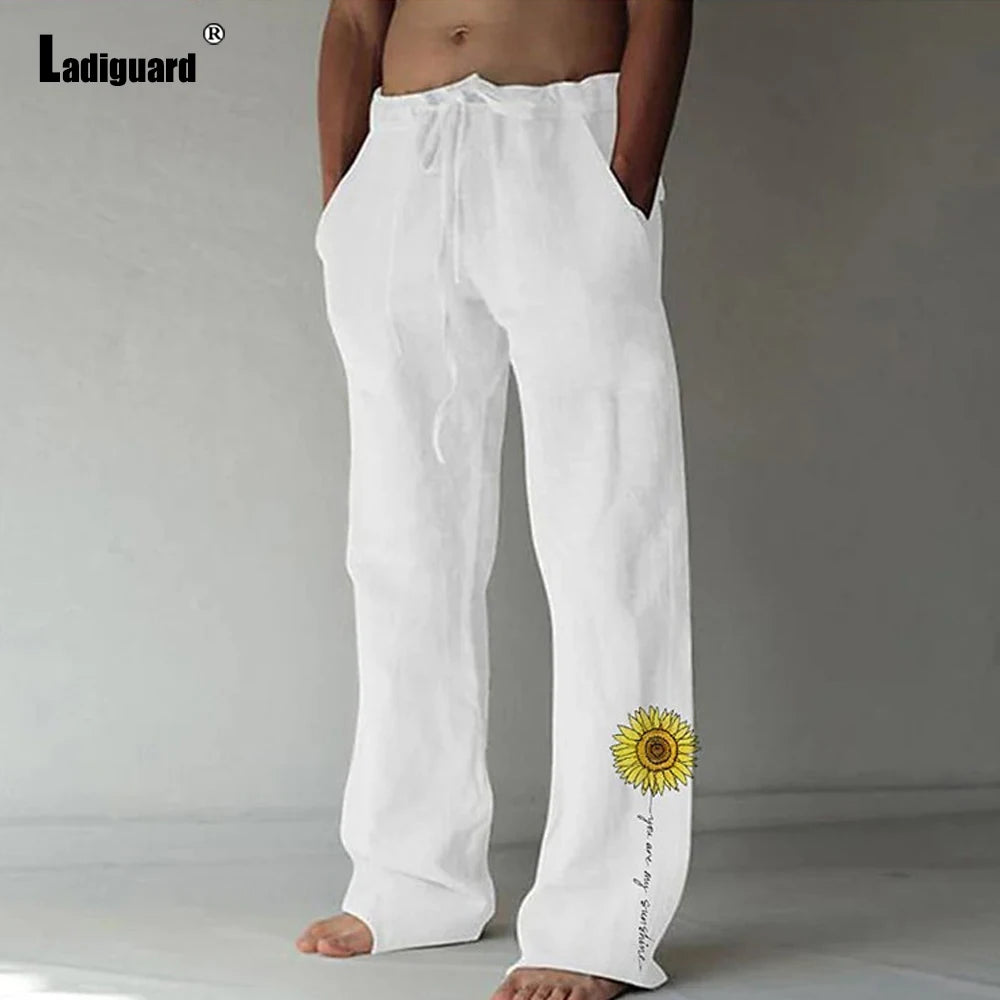 Plus Size 5xl Mens Loose Pants 2025 Summer Casual Linen Pants Male Fashion Print Trouser Men Patchwork Drawstring Leisure Pant