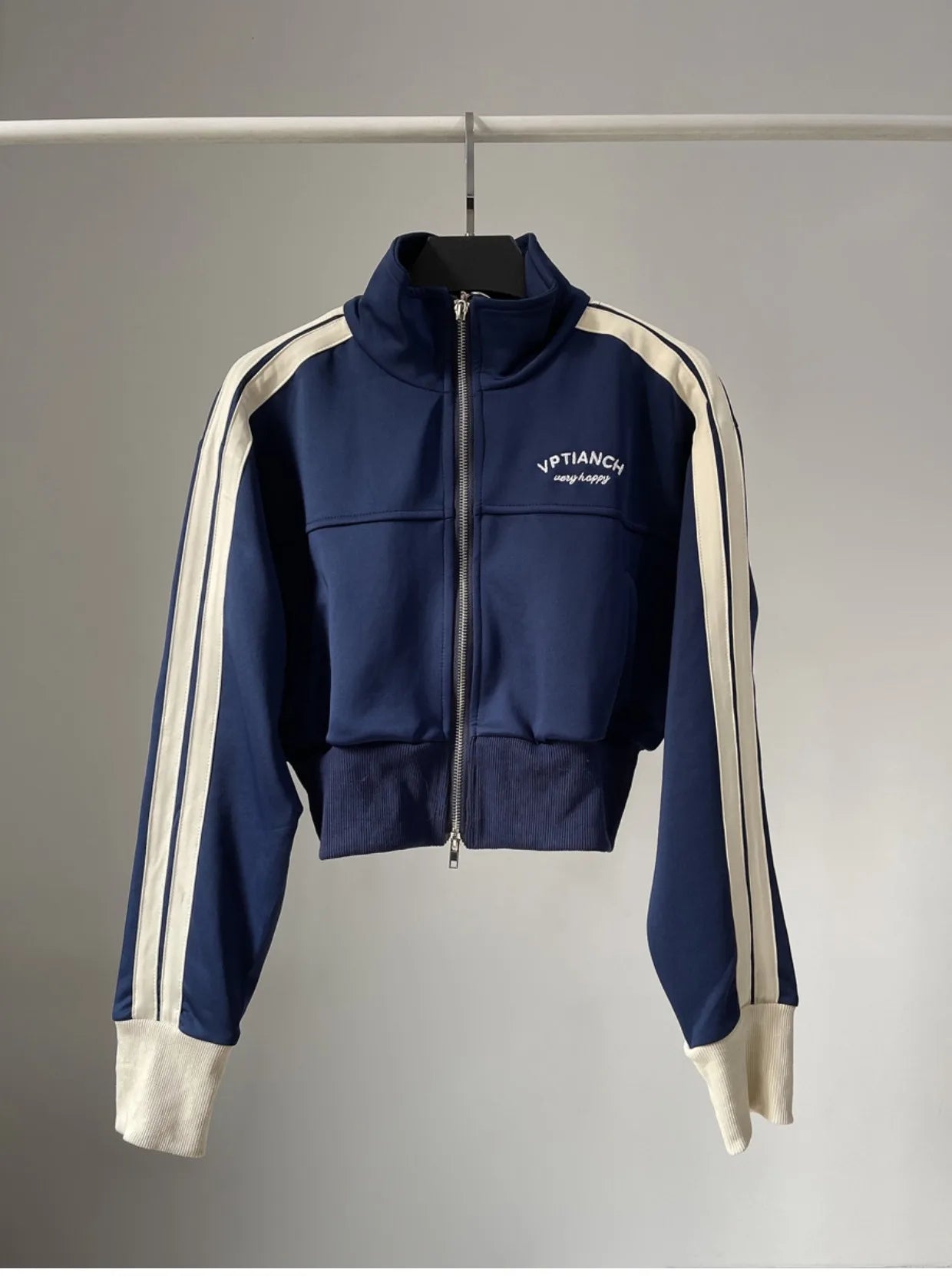 [YOZOU] Spring Double Zipper Baseball Cropped Jacket Women Outerwear Embroidered Striped Green Black White Blue Zip Up Coat