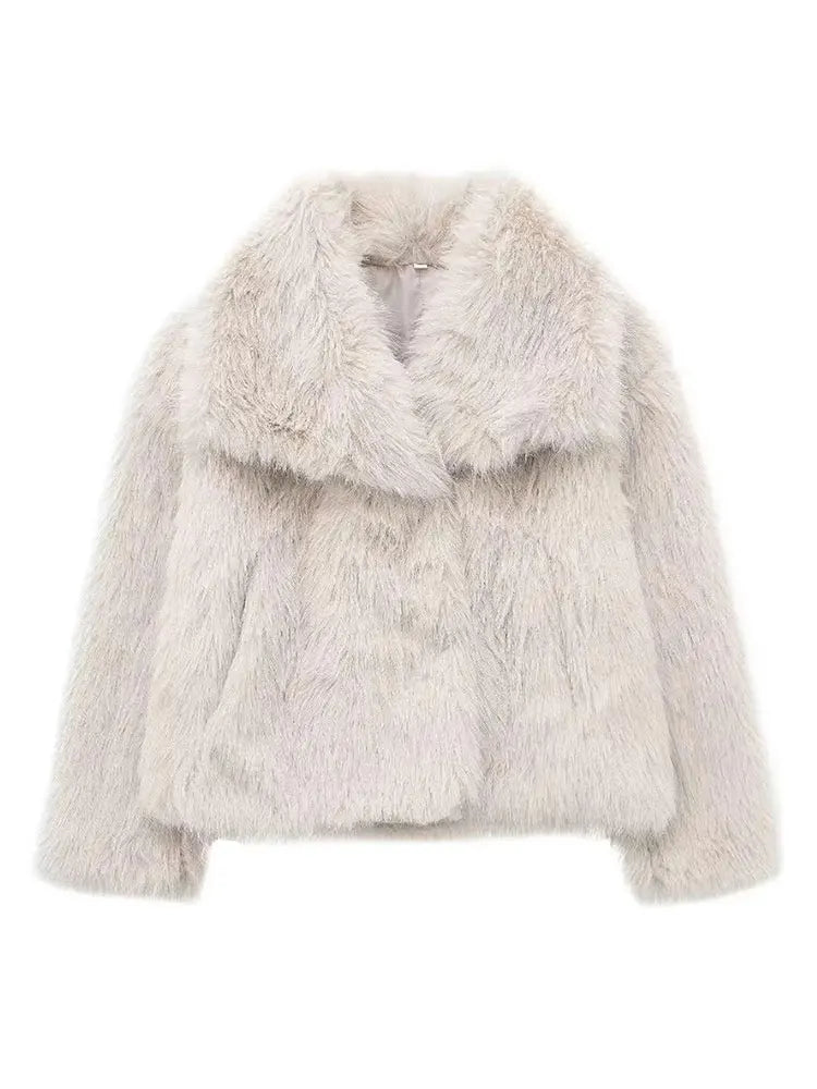 HH Women Fashion Faux Fur Jacket Vintage Turn-Down Collar Long Sleeve Coat Autumn Winter Woman Elegant Streetwear
