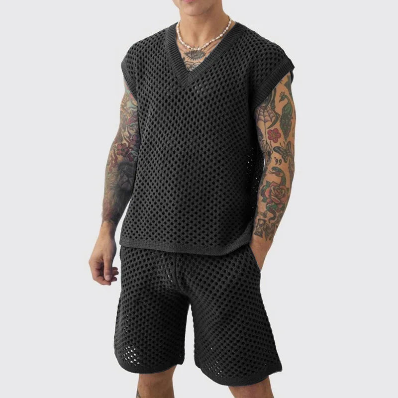 New Men's Summer Casual Knit V Neck Two-piece Sets Fashion Solid Loose Tank Tops and Shorts Sport Suit Men Hollow Out Streetwear