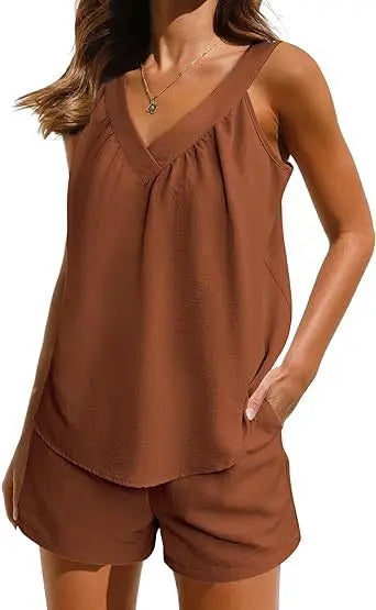 New Summer Women's 2-piece Set Pink V-neck Vest Elastic Pocket White Stylish Black Shorts Set