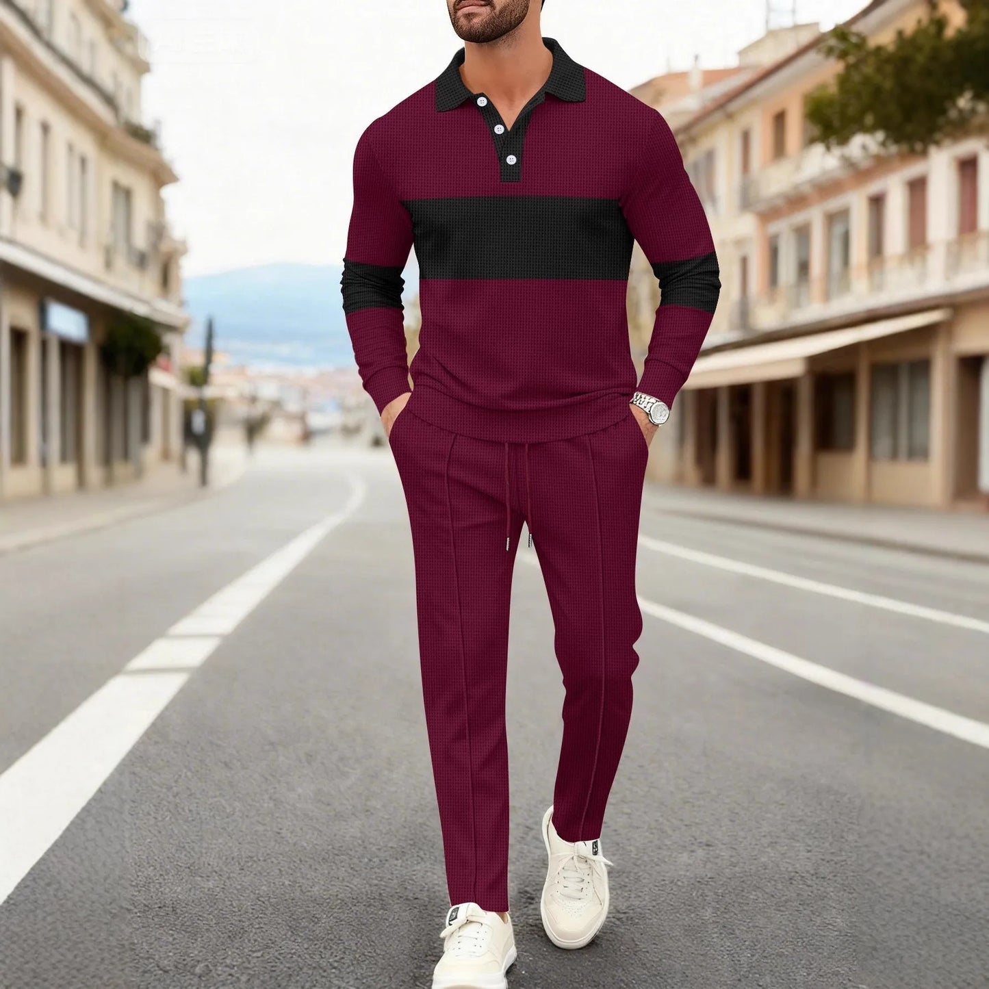 Men's Fashion 2-Piece Outfit Waffle Knit Polo Neck Top & Straight Leg Pants Set Casual Sporty Color Block Tracksuit