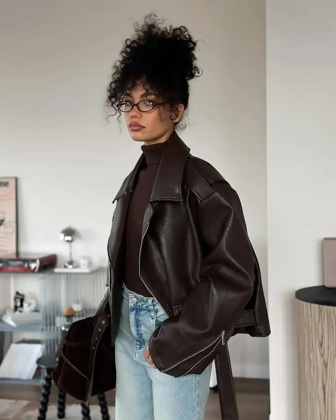 Women's Dark Red Zipper Leather Short Jackets Chic Long Sleeve Lace Up Lapel Loose Button Coat Lady Daily High Street Wear 2025