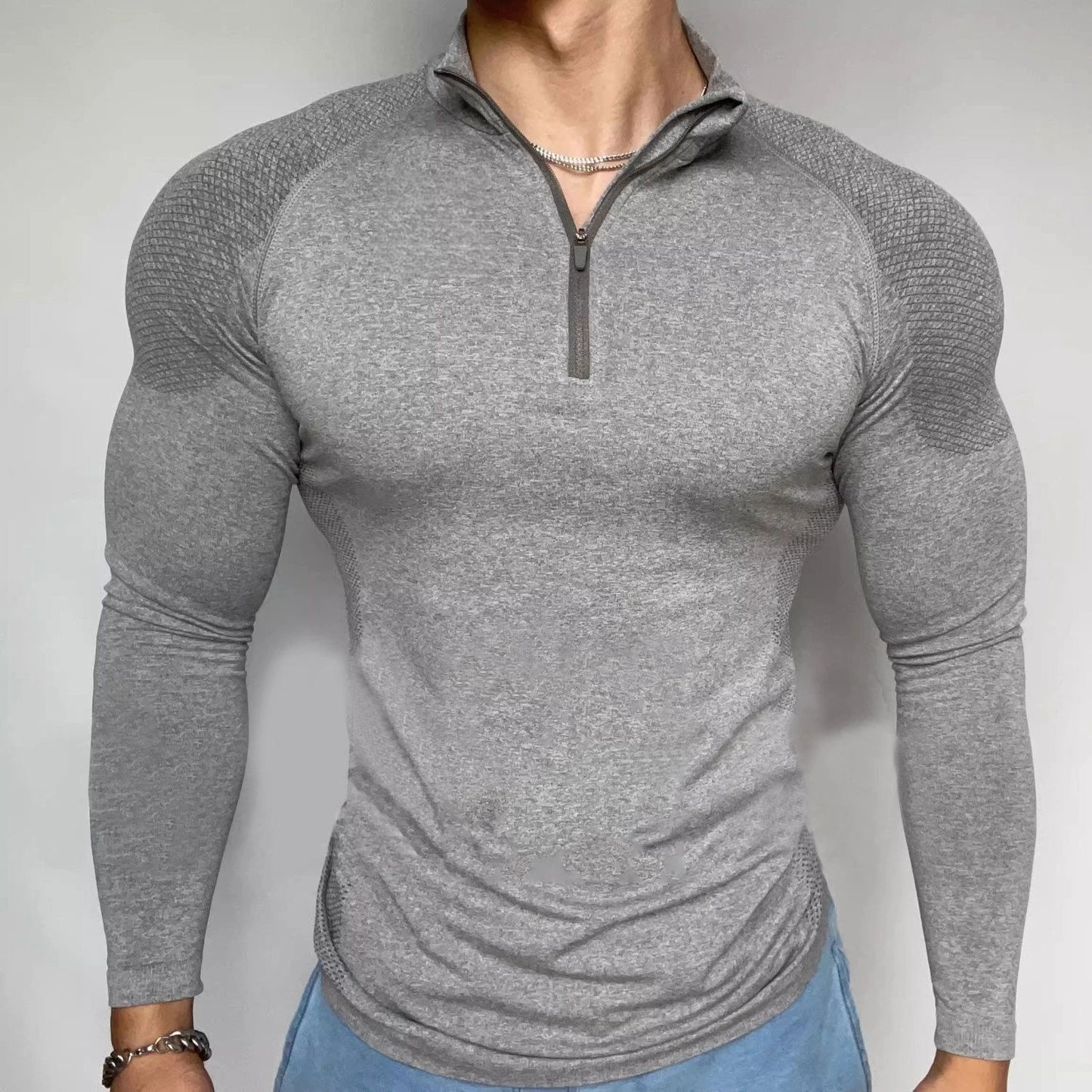 Men's Shark Quick-Dry Breathable Slim-Fit Half-Zip Training Top Long Sleeve Running T-Shirt Autumn Fitness Workout Baselayer
