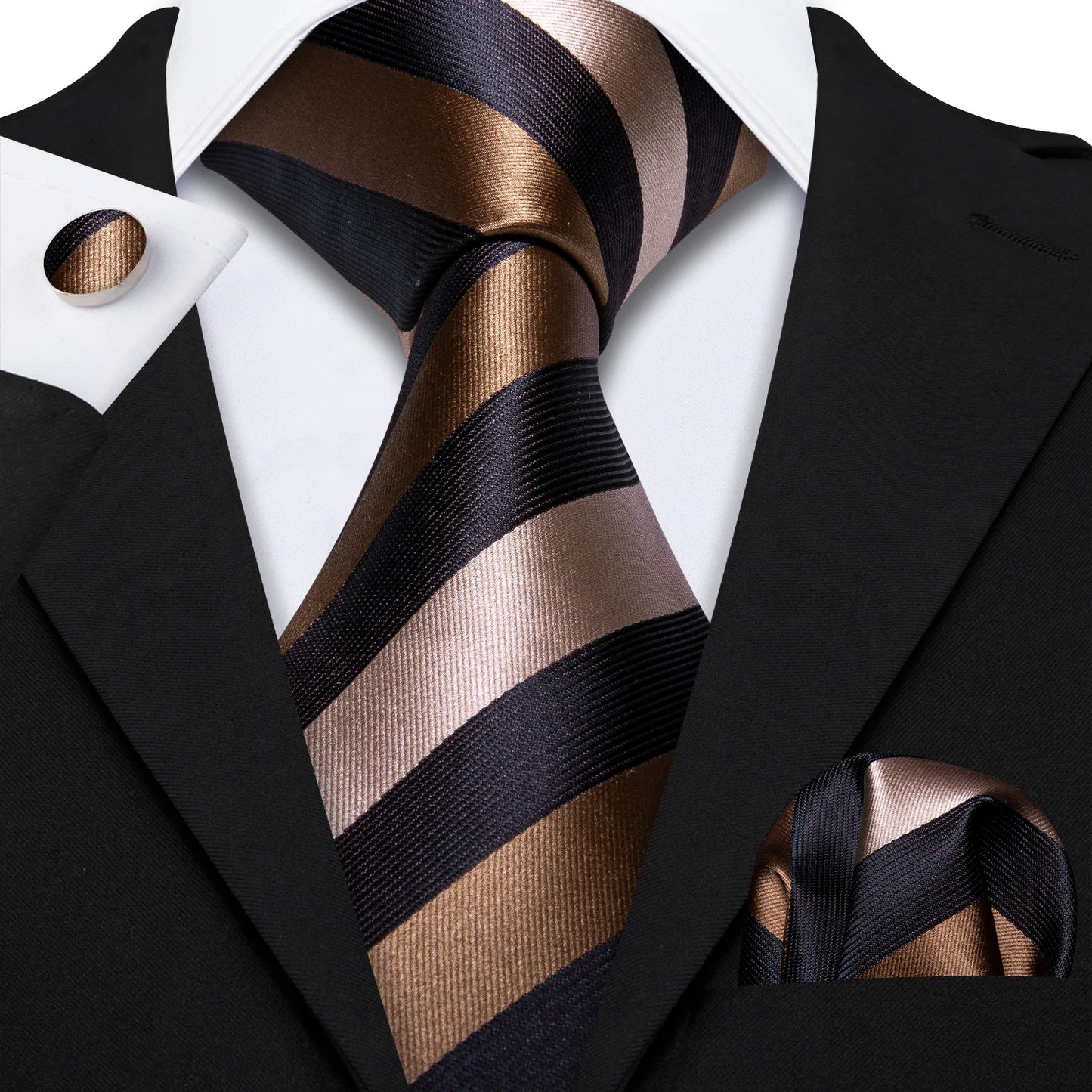 Barry.Wang Orange Brown Silk Mens Tie Hanky Cufflinks Set Gold Coffee Jacquard Designer Necktie For Male Wedding Business Party