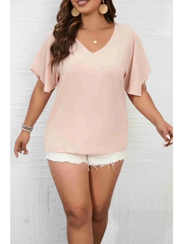 Women's Plus Size 1XL-5XL Solid Color Short Sleeve Blouse V Neck Bell Sleeve Blouse Casual Pullovers Shirt Top