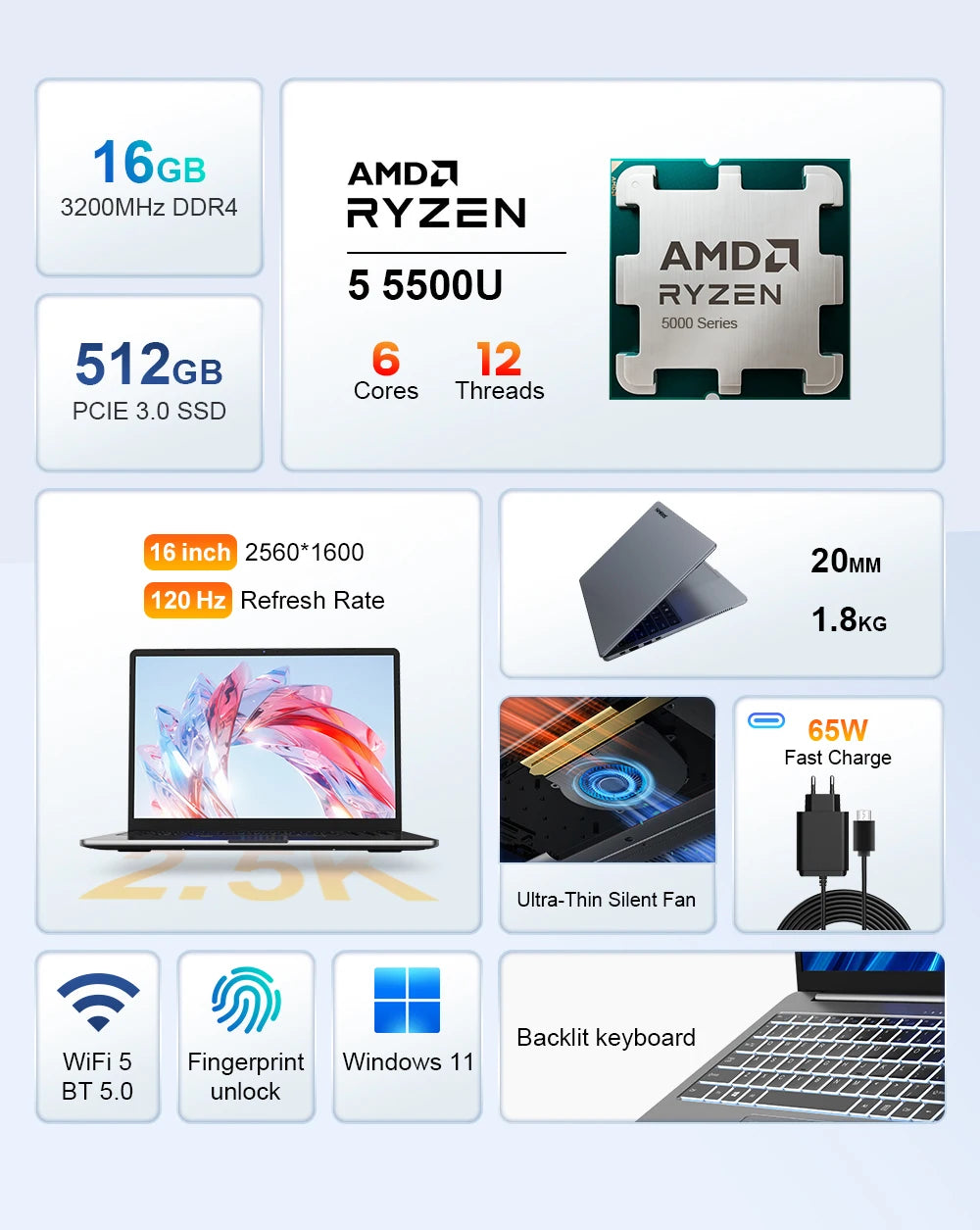 Ninkear A15 Pro Laptop 16" IPS 2.5K FHD AMD Ryzen5 5500U Notebook 16G DDR4 3200Mhz+512GB 54Wh Battery Windows11 PRO Computer