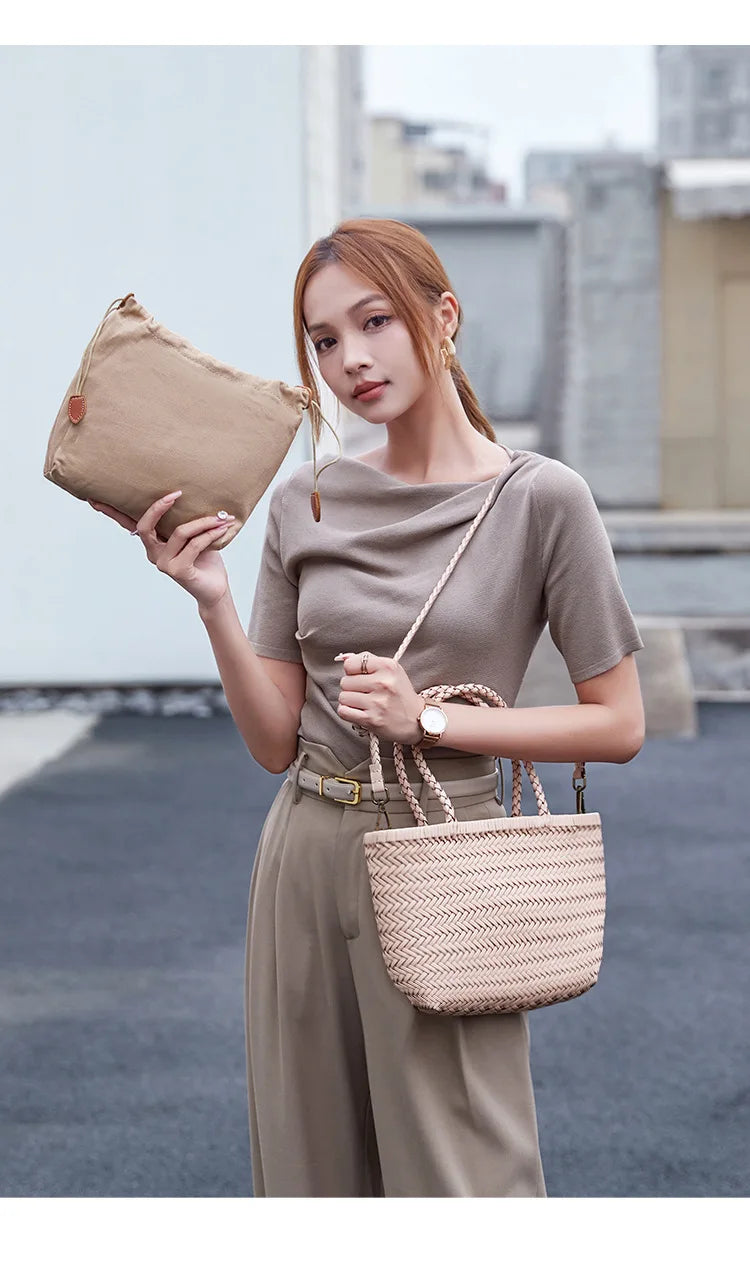 2026 spring new braid bag French basket bag Vintage Boho Gypsy Aztec Ibiza Genuine Leather Messenger Bag  female ins style