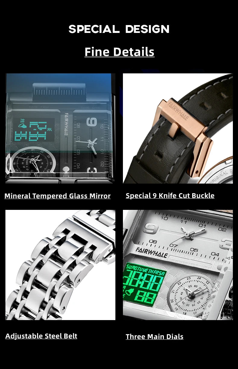 Mark Fairwhale 4270 Retro Square Men's Electronic Digital Dual Display Waterproof Night Light Leisure Men's Clock reloj hombre