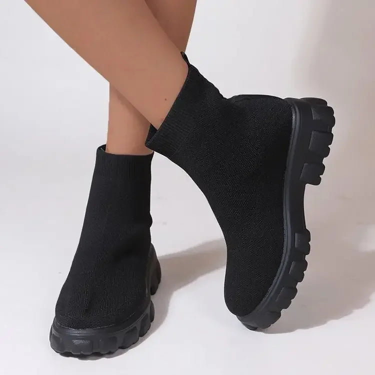 Mesh Women's Ankle Boots Fashion Women's Sock Boots Comfortable Breathable Slip-on Womens Boots High-top Women Thick-soled Shoes