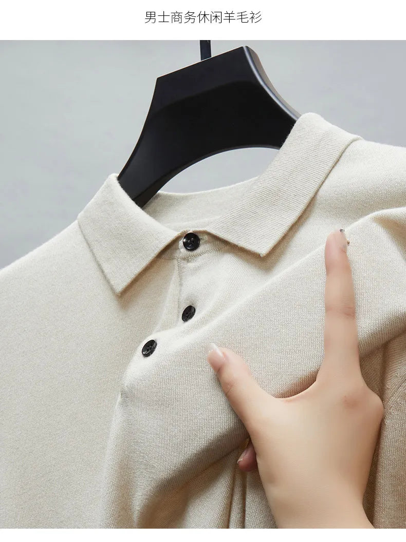 Men's Fine Wool Sweater Polo Collar Pullover Spring Autumn New Cashmere Knitwear Smart Casual Loose Men's Shirts Warm Soft Tops