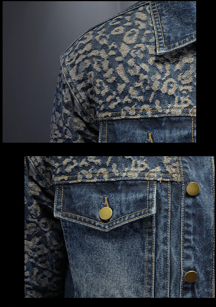 High Quality Jacquard Spliced Denim Jacket for Men Casual Business Social Denim Social Streetwear Jacket Outwear Coat 2025