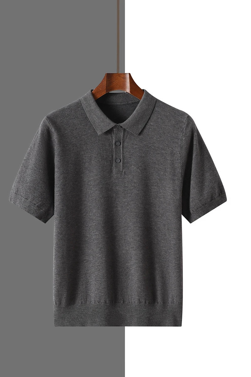 2025 Classic Polo Neck T-Shirt Pullover Men Knitwear Wool Lyocell Blend Sweater Short Sleeved Cool High-Quality Clothing Tops