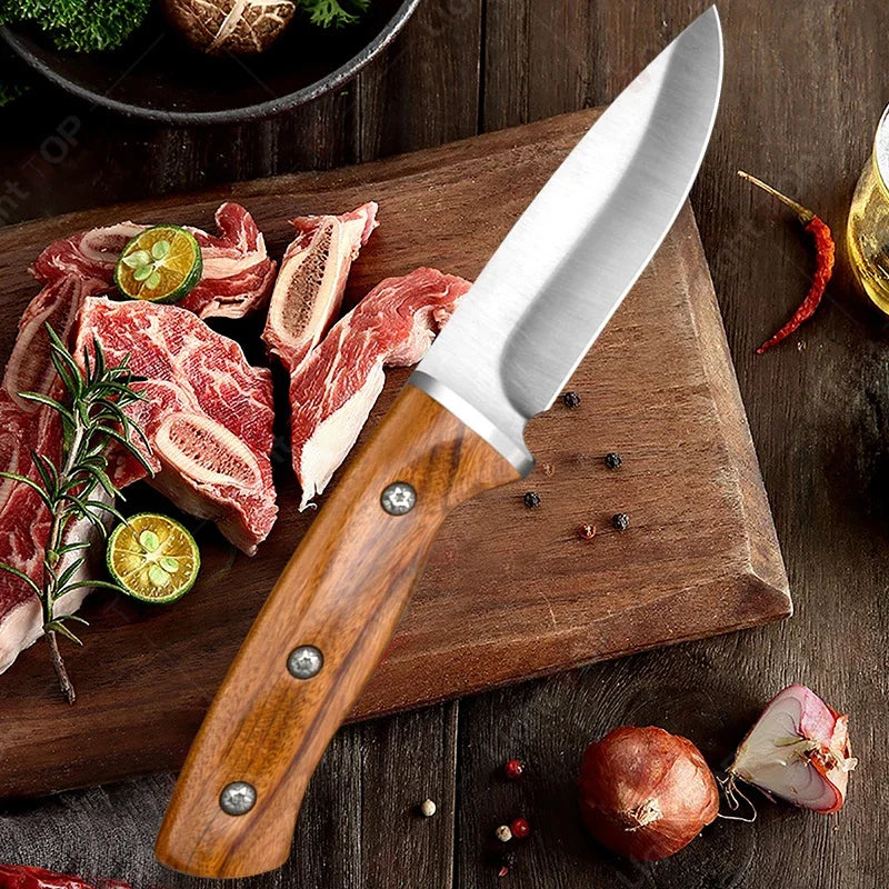 Kitchen Knife Supplies Forged Butcher Knife Fruit Slicing Bottle Opener Knife Multipurpose BBQ Cooking Chef Knife Wood Handle