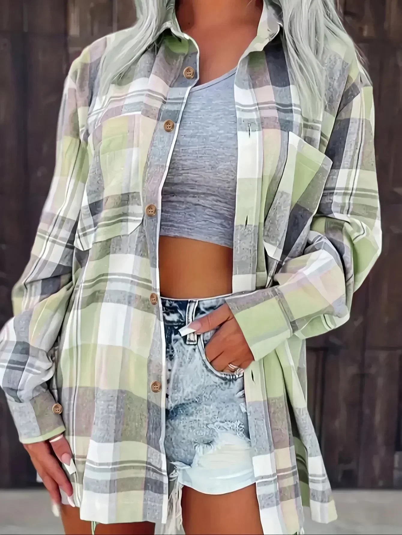 Plus Size Women Fashion 1XL-5XL Plaid Printed Shirt Casual Loose  Lapel Design Shirt Tops Long Sleeved Shirt