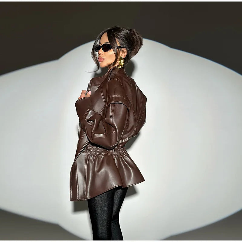 Faux Leather Jacket Women Turn-down Collar Zipper Front Puffy Sleeves Stylish Waist Cinching Coat 2025 Female Winter Outerwear